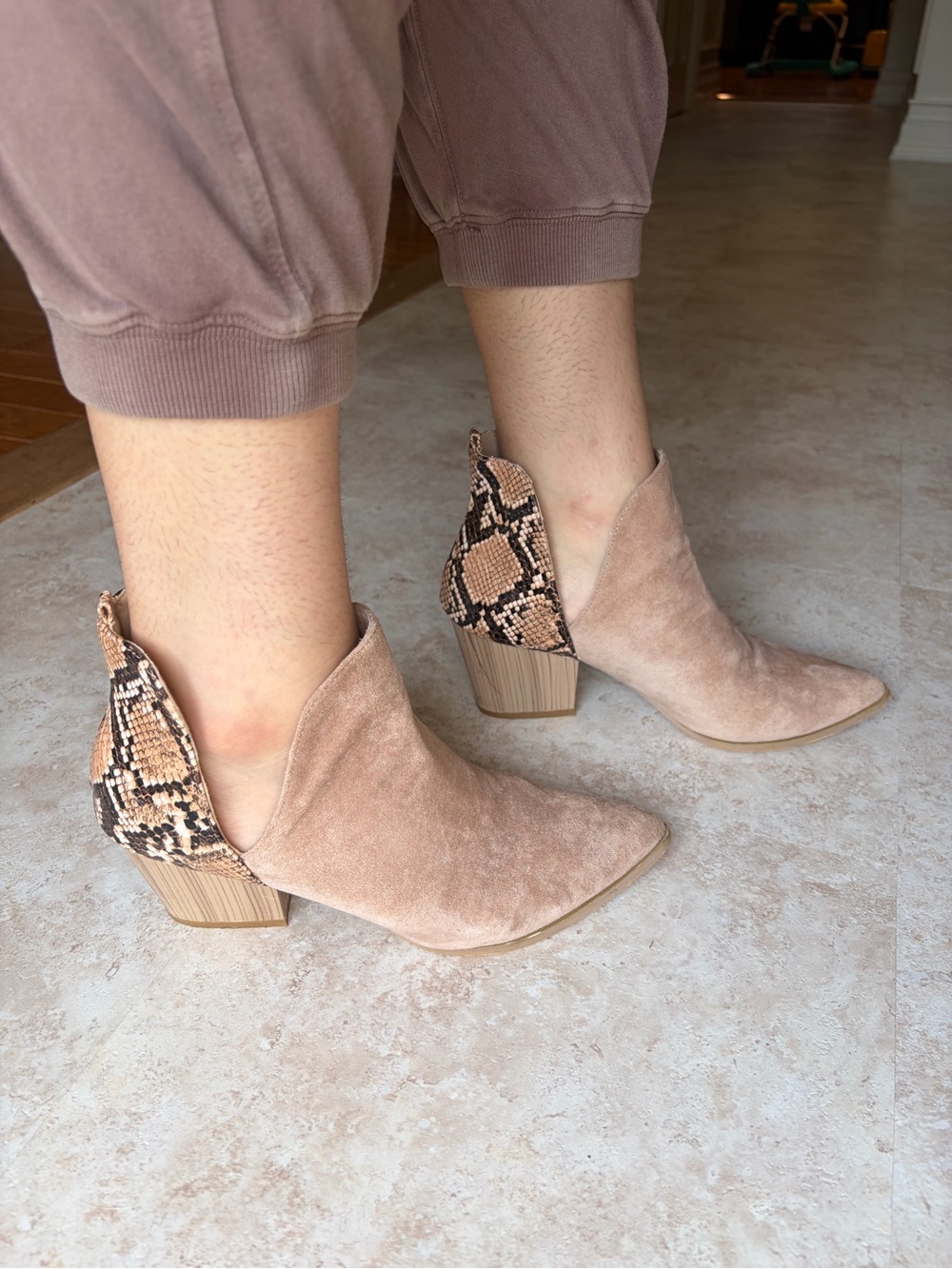 Taupe Suede Snake Print Western Ankle Booties Size 8